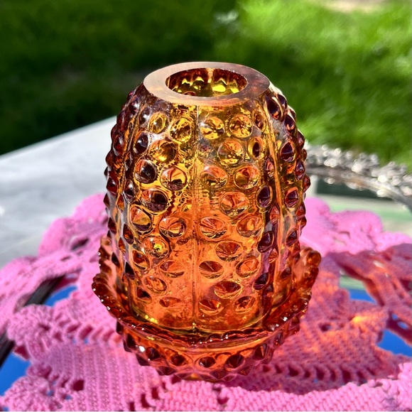 Vintage Fenton Amber Glass Hobnail Fairy Lamp Candle Holder, 2 pc, approx 4.75" - Picture 9 of 14